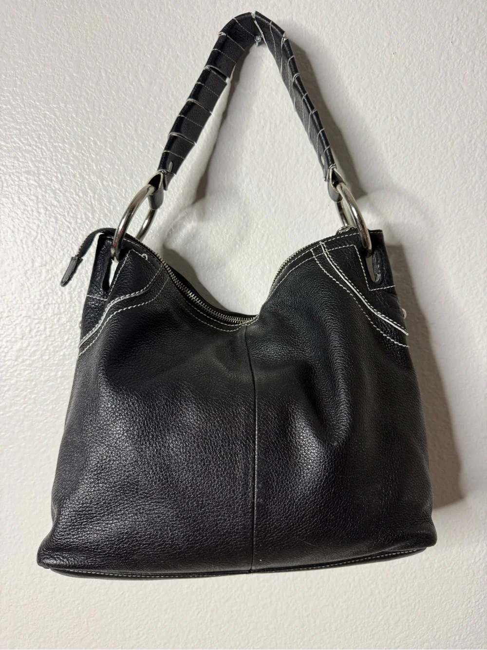 Franco Sarto Black Leather Studded Floral Hobo Shoulder Bag